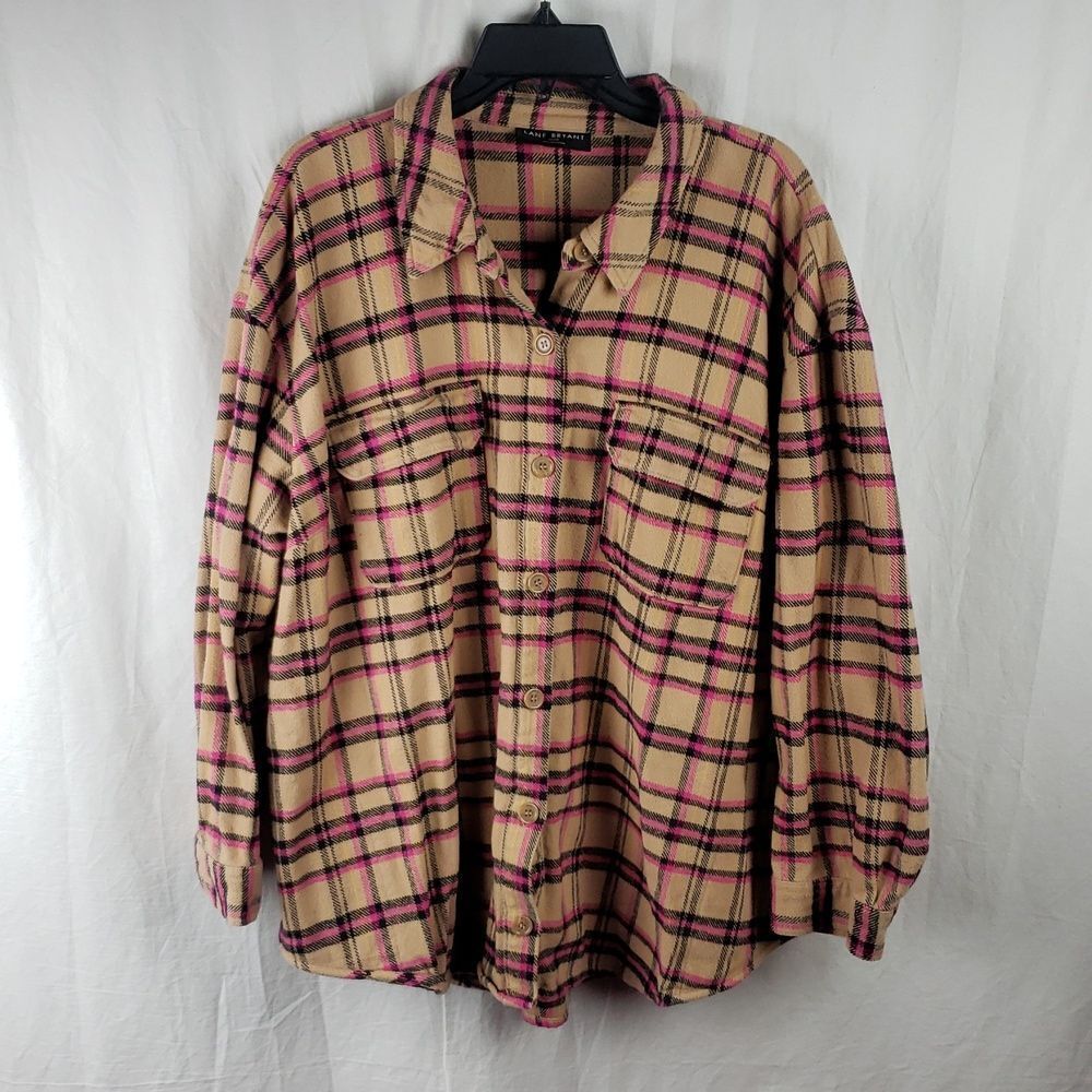 Lane Bryant Women's 22/24 Brown & Pink Plaid Button Up Shirt Jacket